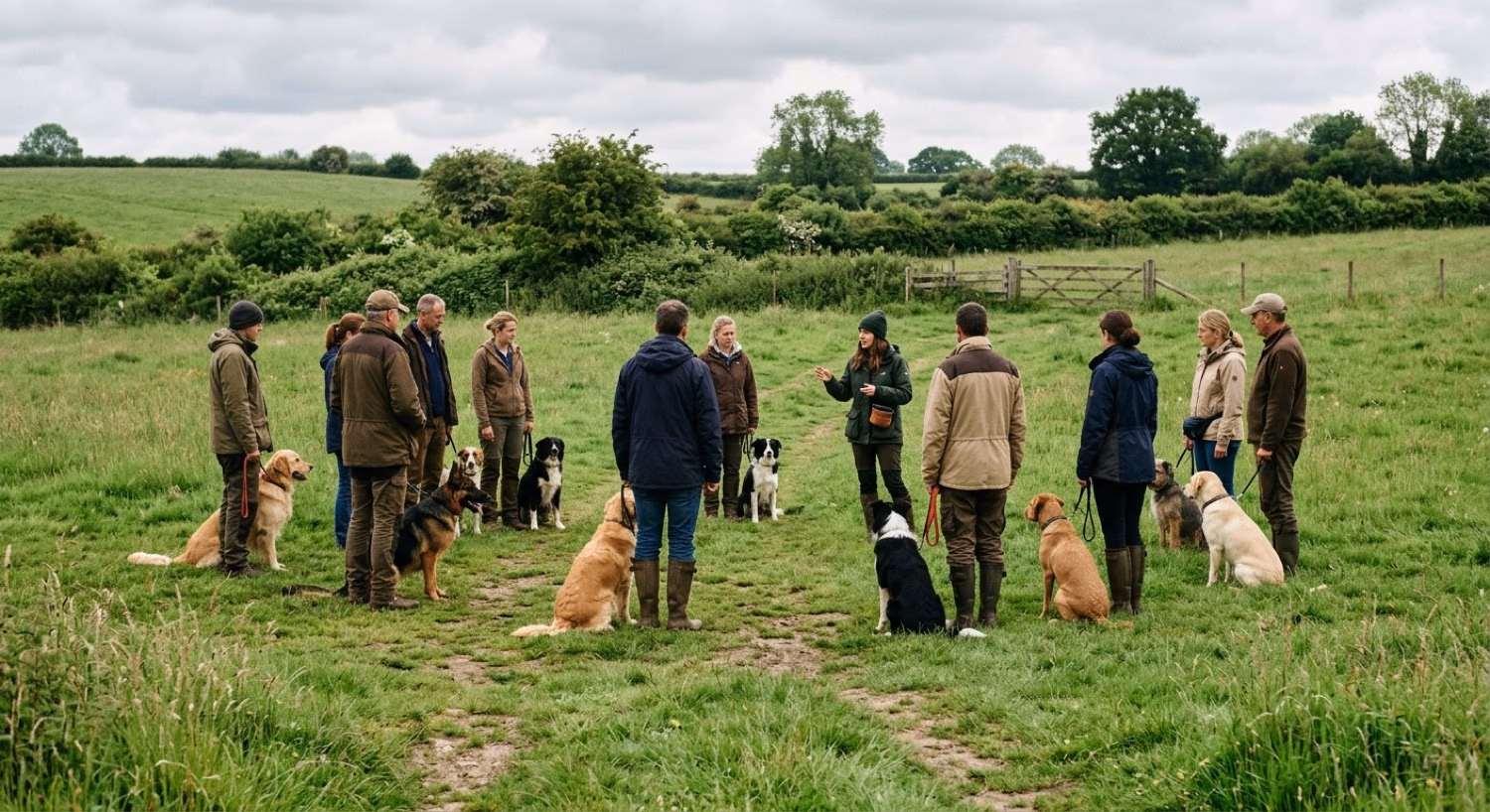 Seminargruppe mit Hunden auf einer Wiese